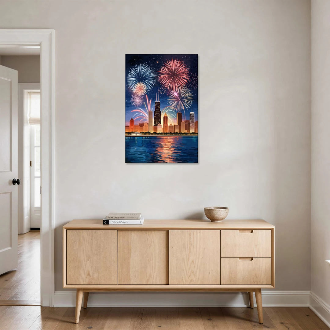 Chicago Skyline and Fireworks - Canvas Wall Art - Coffee Table - 24x36