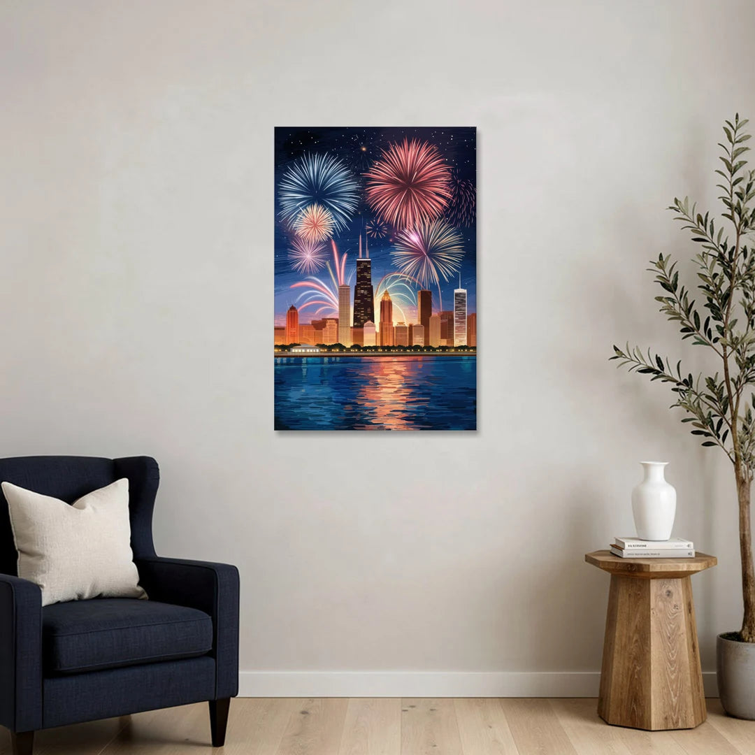 Chicago Skyline and Fireworks - Canvas Wall Art - Sofa - 24x36