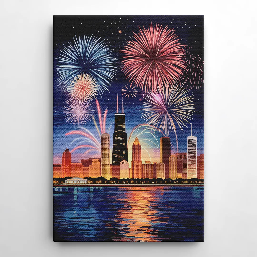 Chicago Skyline and Fireworks - Canvas Wall Art