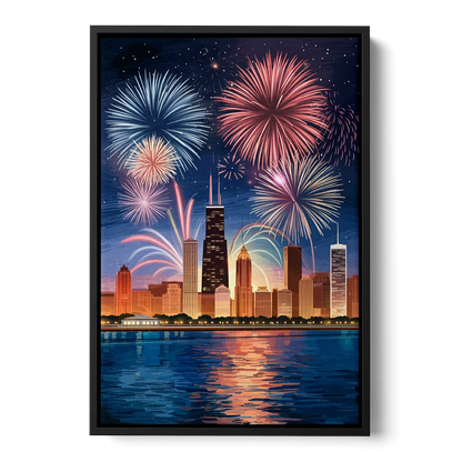 Chicago Skyline and Fireworks Front - Black Canvas Wall Art