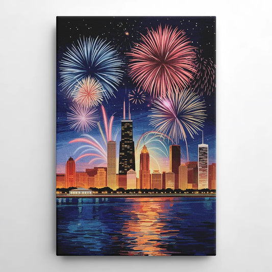 Chicago Skyline and Fireworks - Canvas Wall Art
