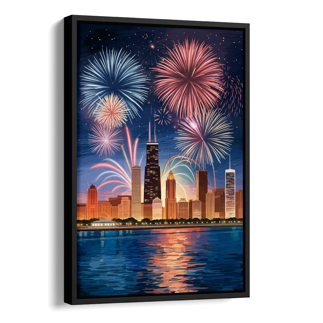 Chicago Skyline and Fireworks Side - Black Canvas Wall Art