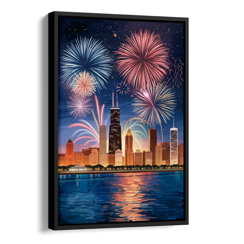 Chicago Skyline and Fireworks Side - Black Canvas Wall Art