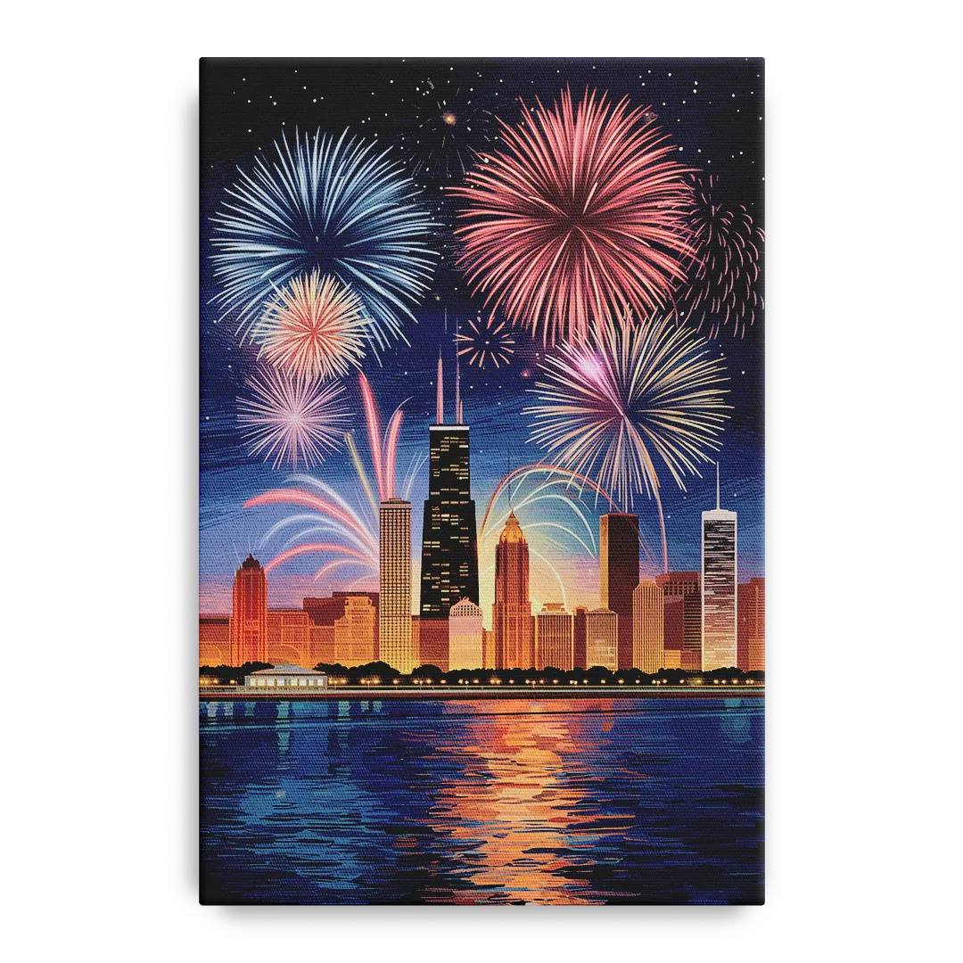 Chicago Skyline and Fireworks Front - Canvas Wall Art
