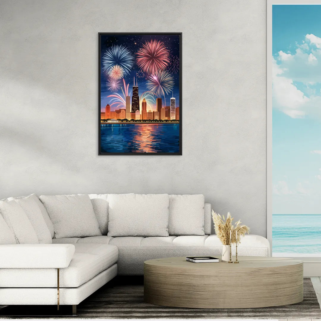 Chicago Skyline and Fireworks - Living Room Black Frame Canvas