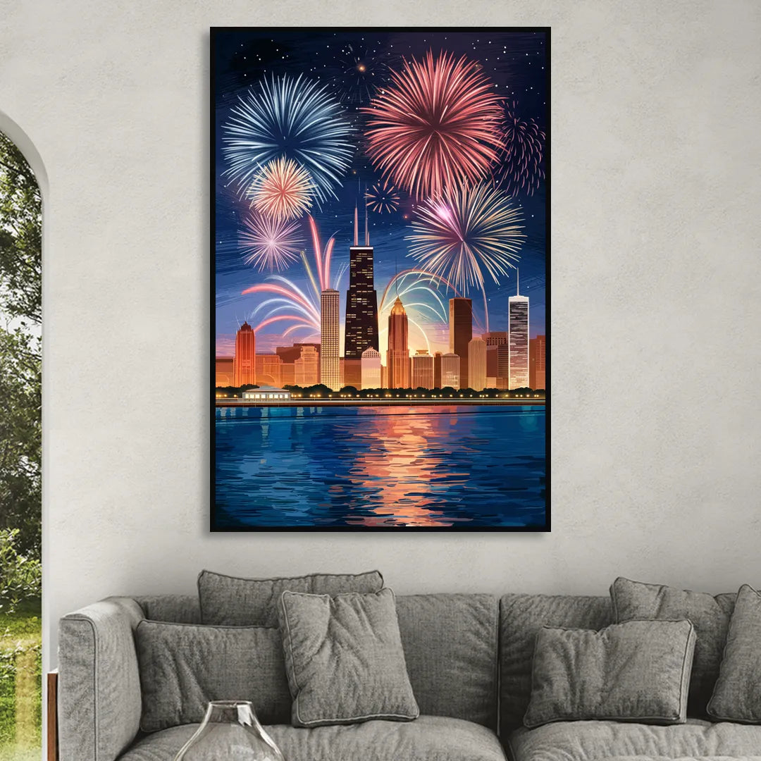 Chicago Skyline and Fireworks Sitting Room - Black Canvas Wall Art