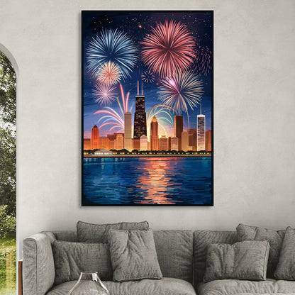 Chicago Skyline and Fireworks Sitting Room - Black Canvas Wall Art