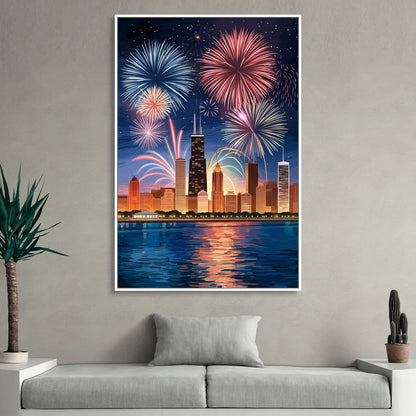 Chicago Skyline and Fireworks Living Room - White Canvas Wall Art