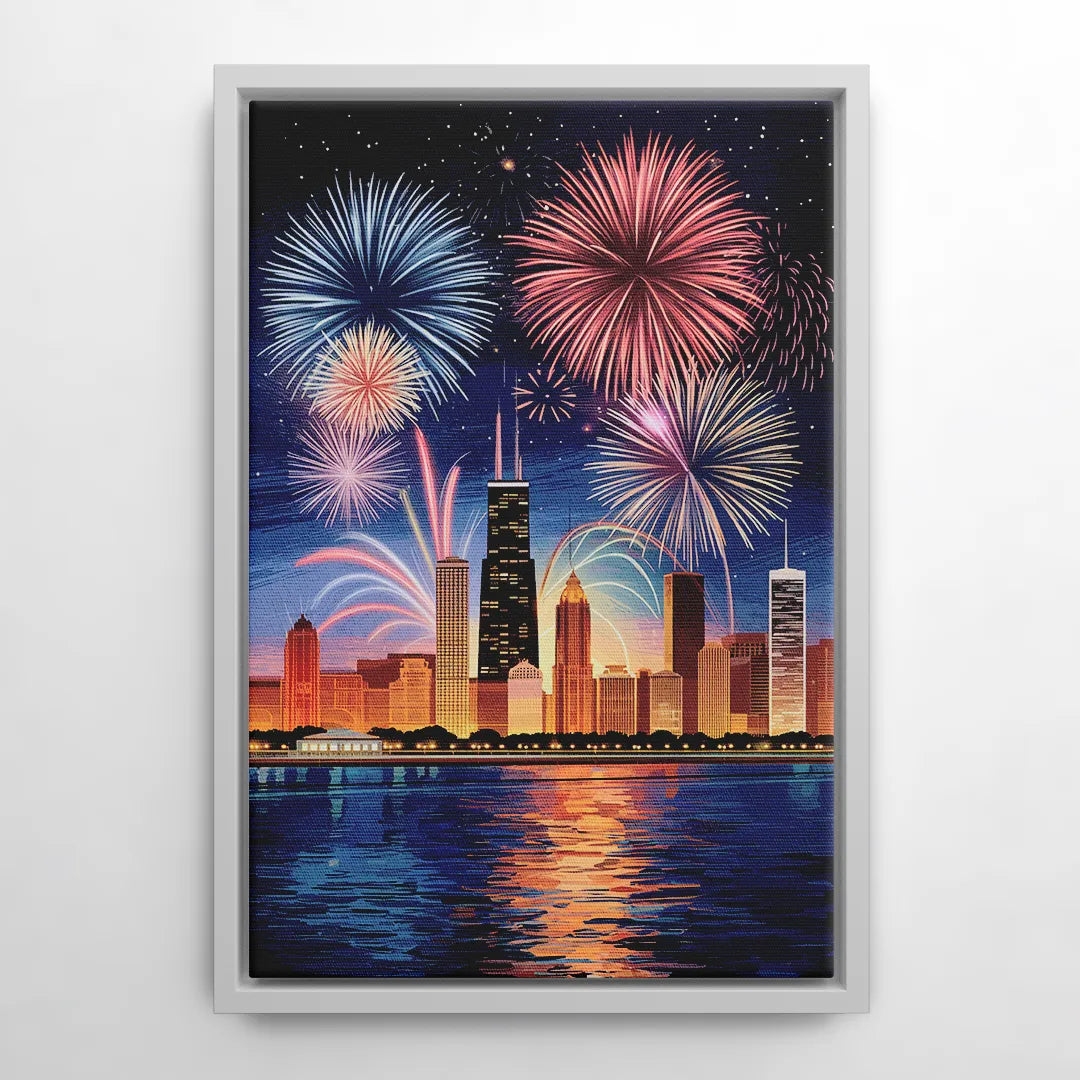 Chicago Skyline and Fireworks - White Frame Canvas