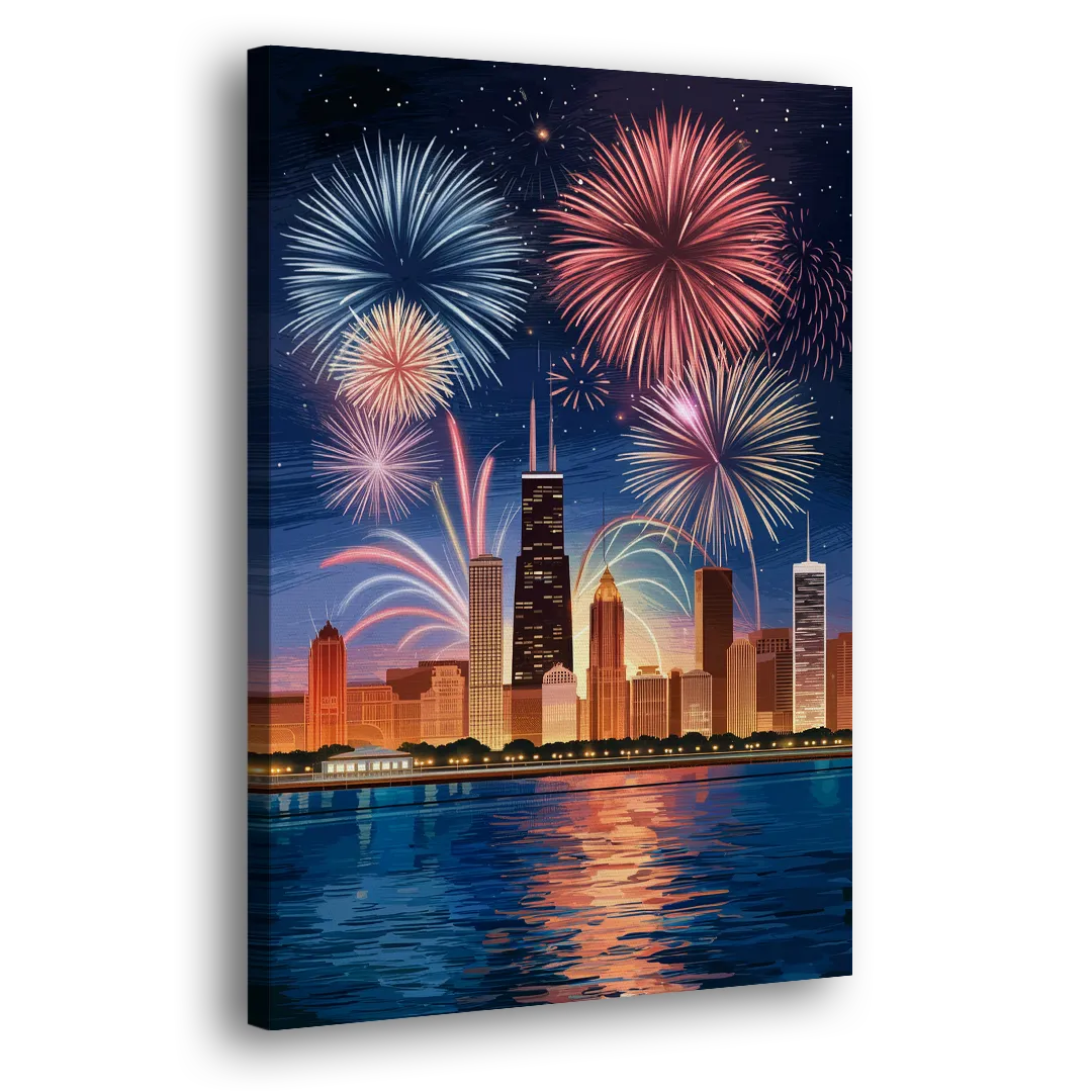 Chicago Skyline and Fireworks Side - Canvas Wall Art