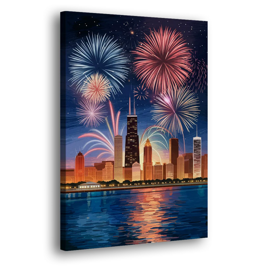 Chicago Skyline and Fireworks Side - Canvas Wall Art