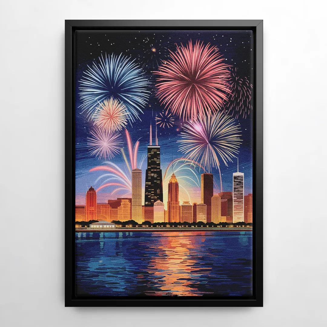 Chicago Skyline and Fireworks - Black Frame Canvas