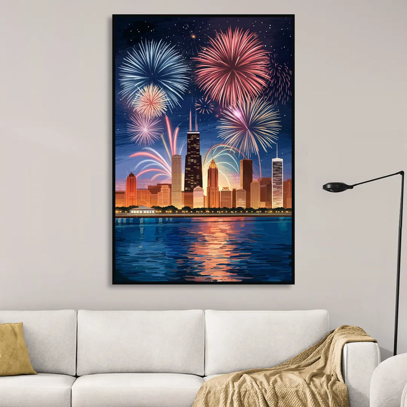 Chicago Skyline and Fireworks Living Room - Black Canvas Wall Art