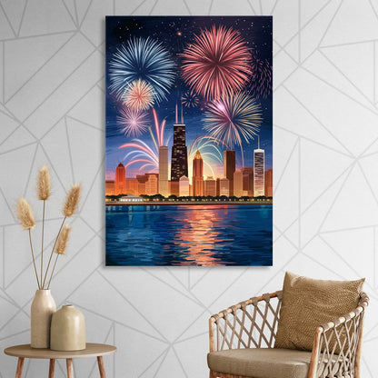 Chicago Skyline and Fireworks Living Room - Canvas Wall Art