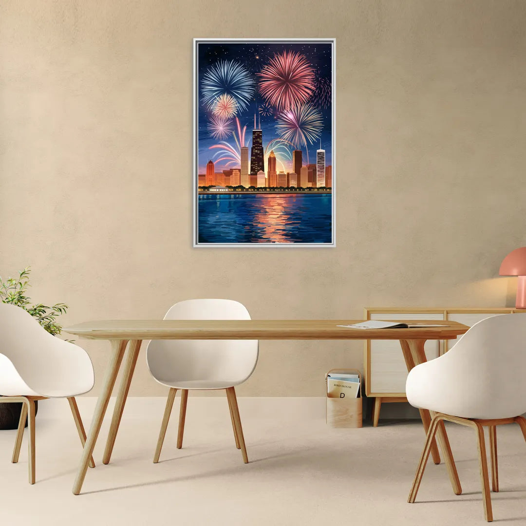 Chicago Skyline and Fireworks - Living Room White Frame Canvas