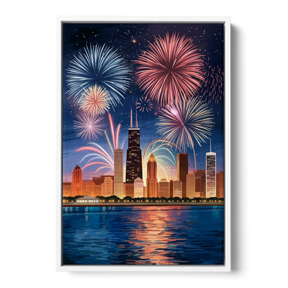 Chicago Skyline and Fireworks Front - White Canvas Wall Art