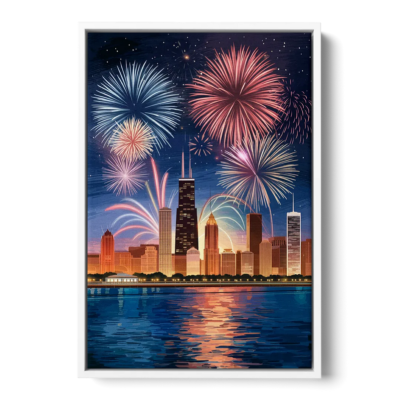 Chicago Skyline and Fireworks Front - White Canvas Wall Art