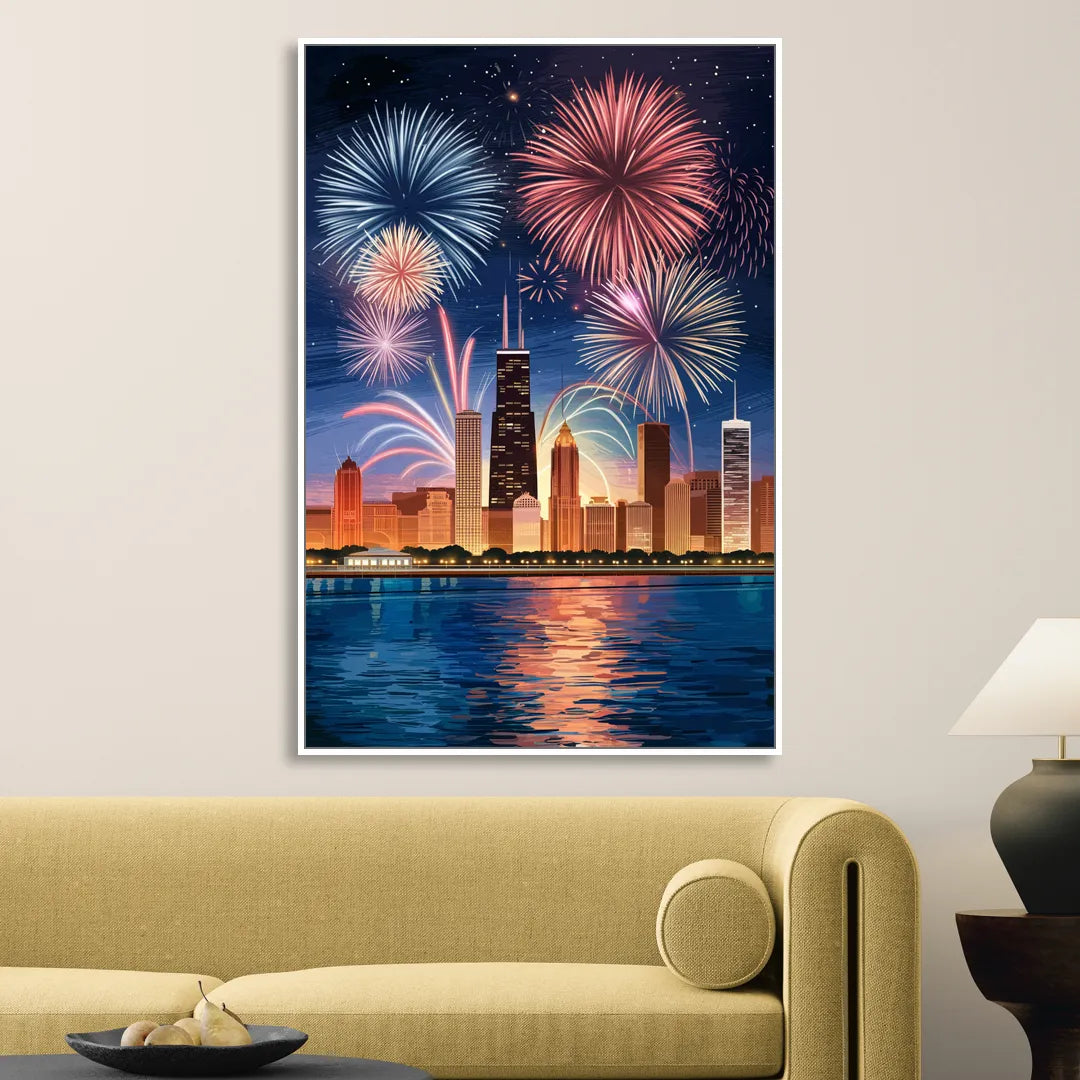 Chicago Skyline and Fireworks Sitting Room - White Canvas Wall Art