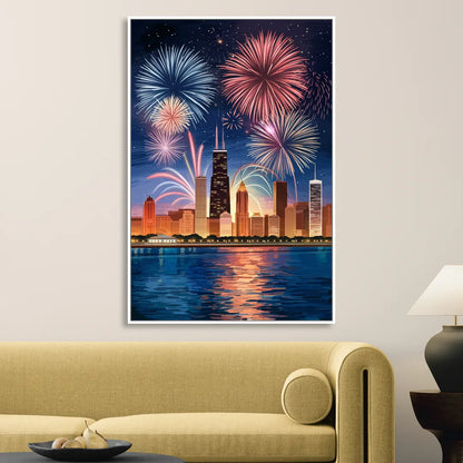 Chicago Skyline and Fireworks Sitting Room - White Canvas Wall Art