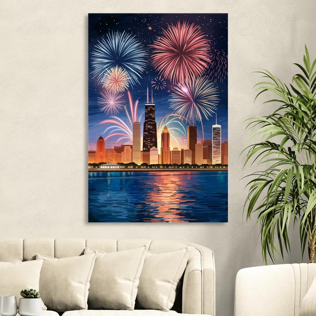 Chicago Skyline and Fireworks Sitting Room - Canvas Wall Art