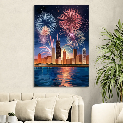 Chicago Skyline and Fireworks Sitting Room - Canvas Wall Art