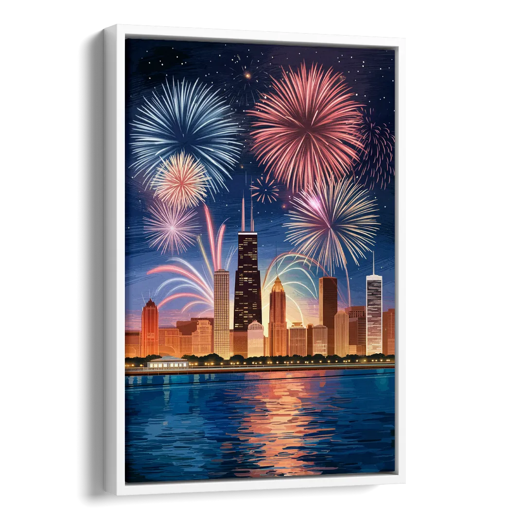 Chicago Skyline and Fireworks Side - White Canvas Wall Art
