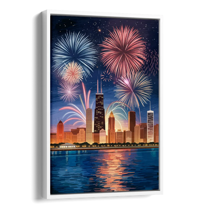 Chicago Skyline and Fireworks Side - White Canvas Wall Art