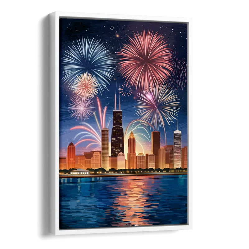 Chicago Skyline and Fireworks Side - White Canvas Wall Art