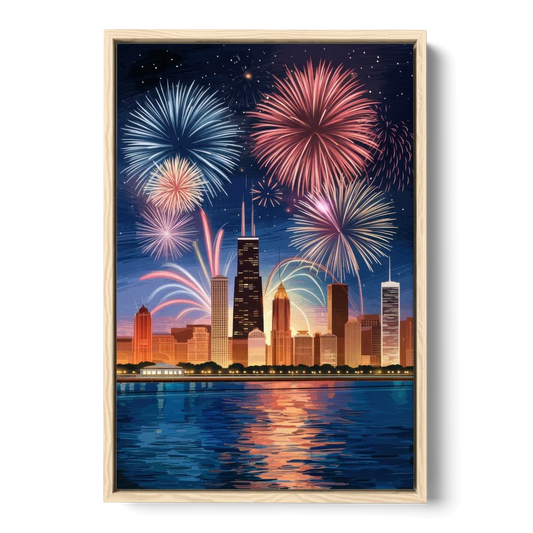 Chicago Skyline and Fireworks - Oak Framed Canvas Wall Art - Front