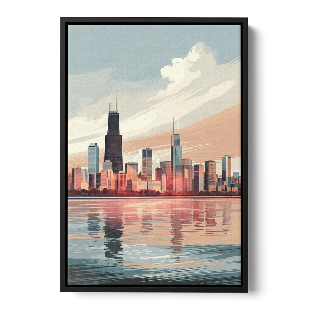 Chicago Skyline from Lake Michigan Front - Black Canvas Wall Art