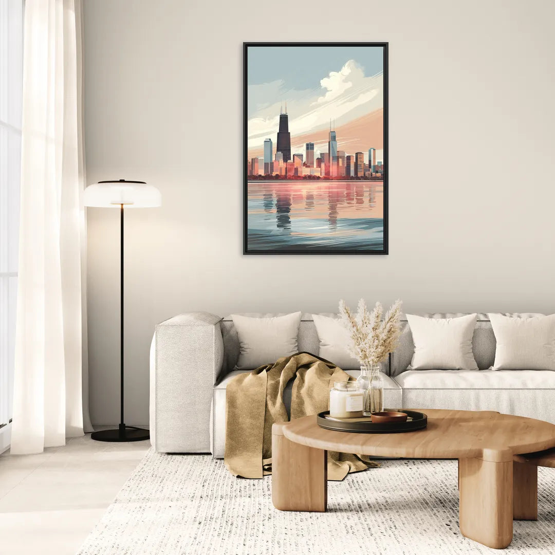 Chicago Skyline from Lake Michigan - Living Room Black Frame Canvas