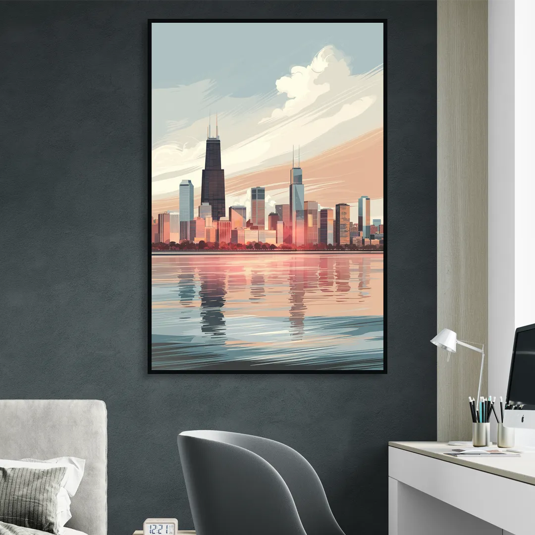 Chicago Skyline from Lake Michigan Sitting Room - Black Canvas Wall Art