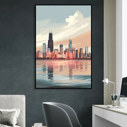 Chicago Skyline from Lake Michigan Sitting Room - Black Canvas Wall Art