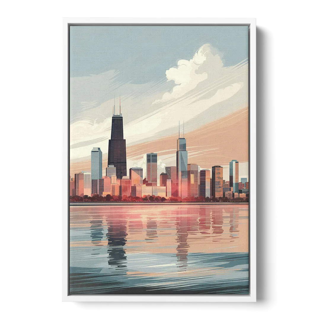 Chicago Skyline from Lake Michigan Front - White Canvas Wall Art