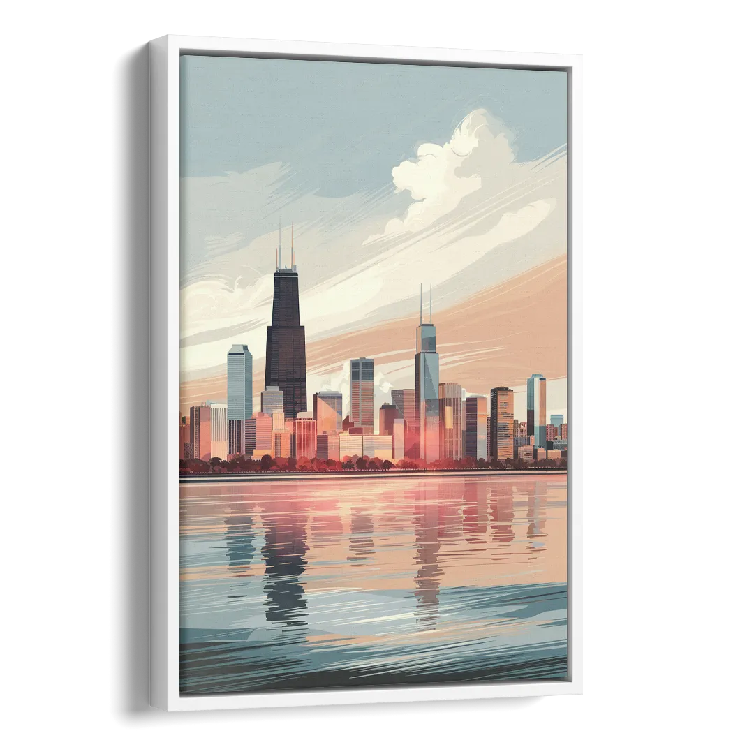 Chicago Skyline from Lake Michigan Side - White Canvas Wall Art
