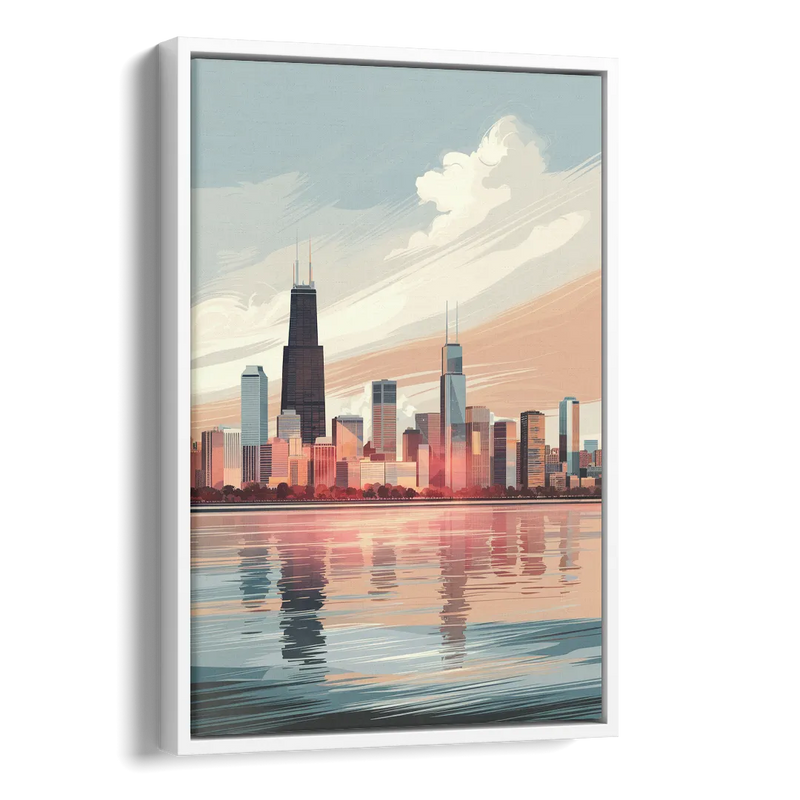 Chicago Skyline from Lake Michigan Side - White Canvas Wall Art