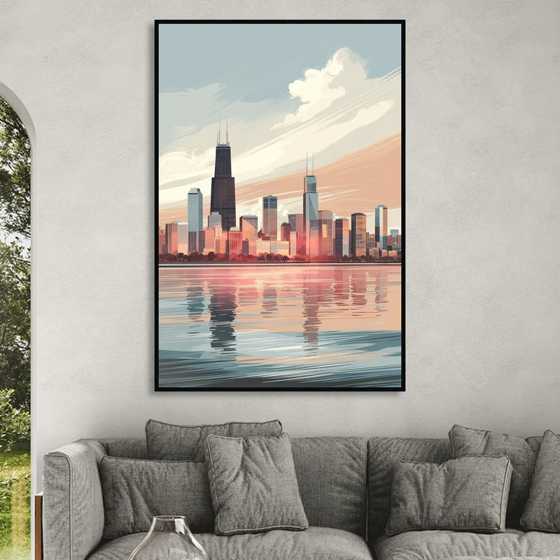 Chicago Skyline from Lake Michigan Living Room - Black Canvas Wall Art