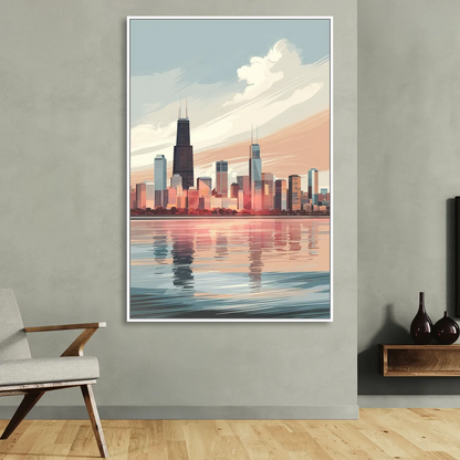 Chicago Skyline from Lake Michigan Sitting Room - White Canvas Wall Art