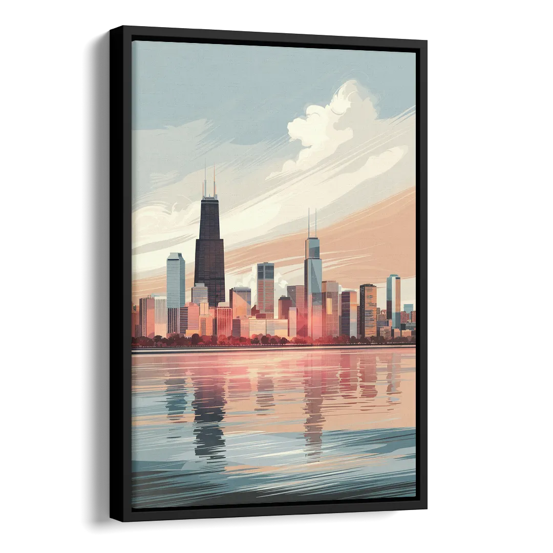 Chicago Skyline from Lake Michigan Side - Black Canvas Wall Art
