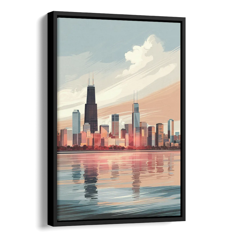 Chicago Skyline from Lake Michigan Side - Black Canvas Wall Art