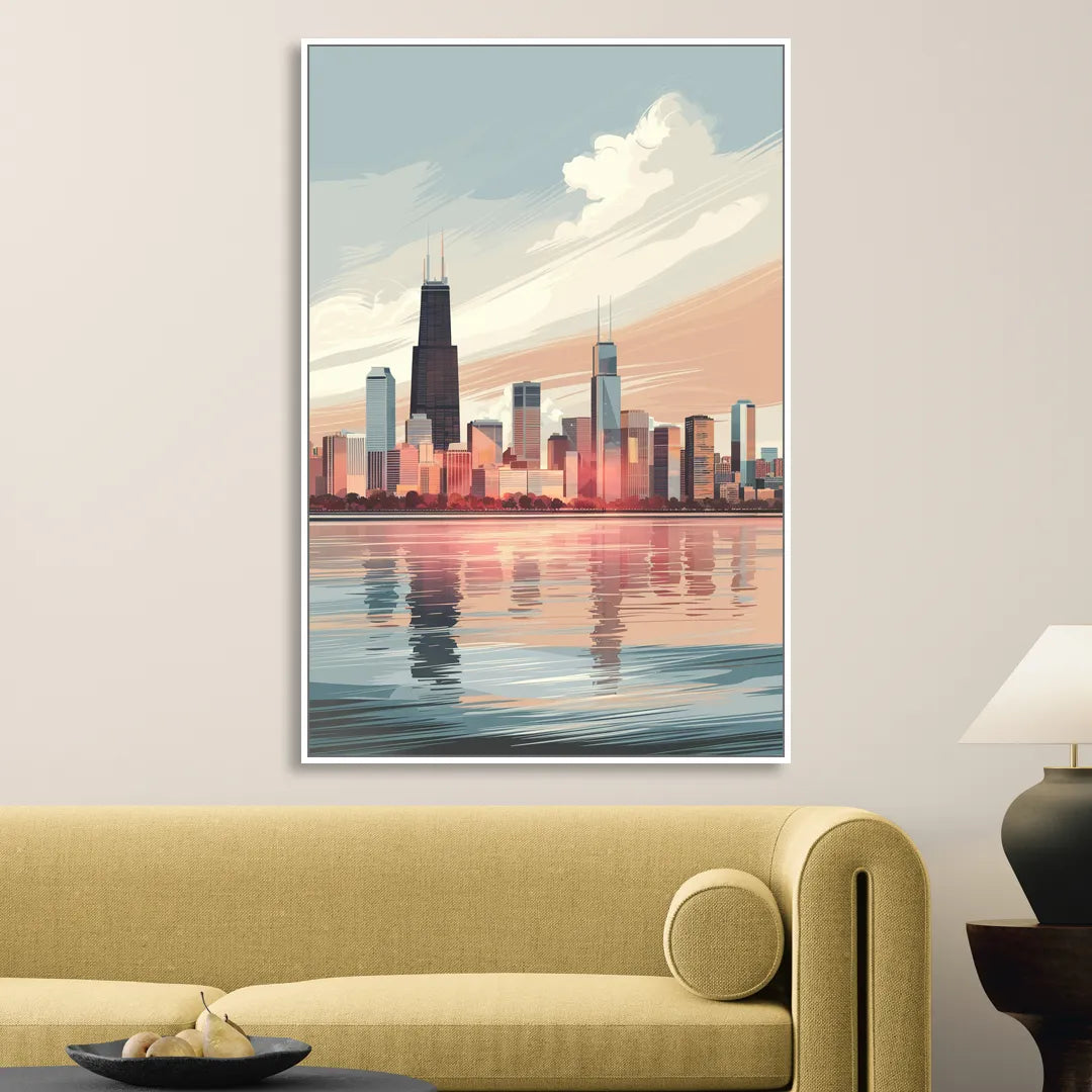 Chicago Skyline from Lake Michigan Living Room - White Canvas Wall Art