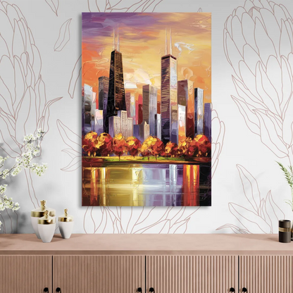 Chicago Skyline in Autumn Living Room - Canvas Wall Art