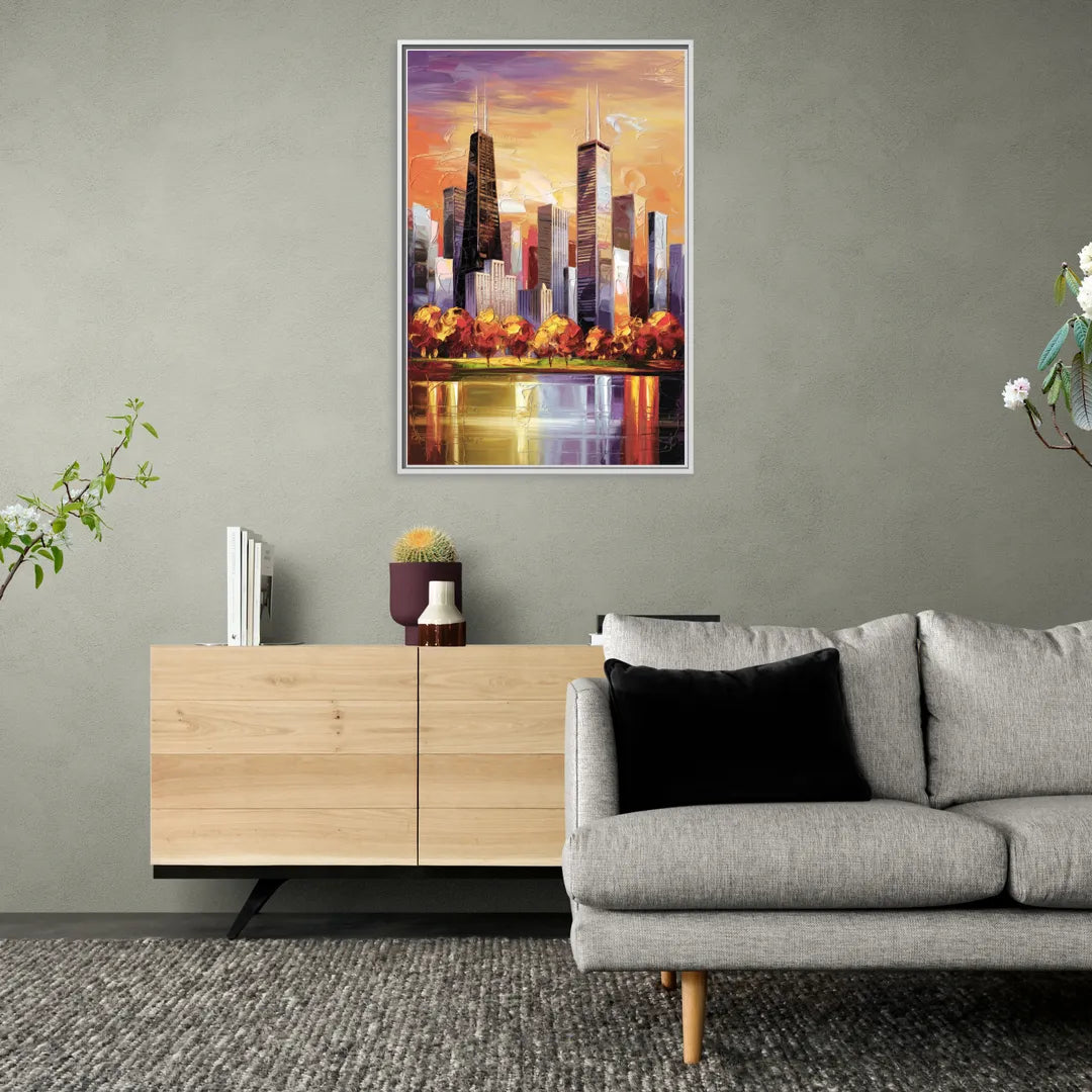 Chicago Skyline in Autumn - Living Room White Frame Canvas