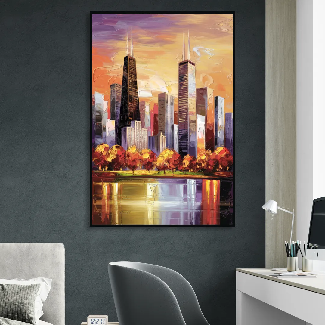 Chicago Skyline in Autumn Living Room - Black Canvas Wall Art