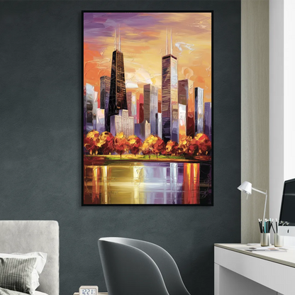 Chicago Skyline in Autumn Living Room - Black Canvas Wall Art
