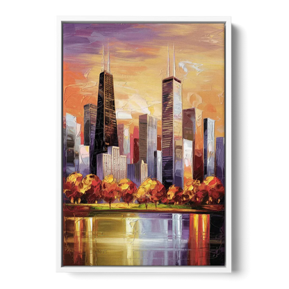 Chicago Skyline in Autumn Front - White Canvas Wall Art