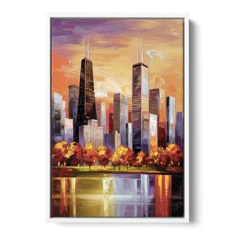 Chicago Skyline in Autumn Front - White Canvas Wall Art