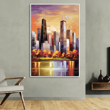 Chicago Skyline in Autumn Living Room - White Canvas Wall Art