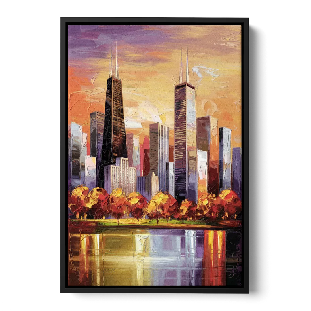 Chicago Skyline in Autumn Front - Black Canvas Wall Art