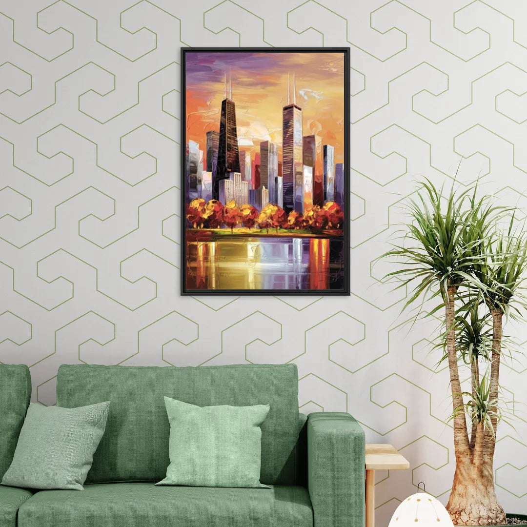 Chicago Skyline in Autumn - Living Room Black Frame Canvas